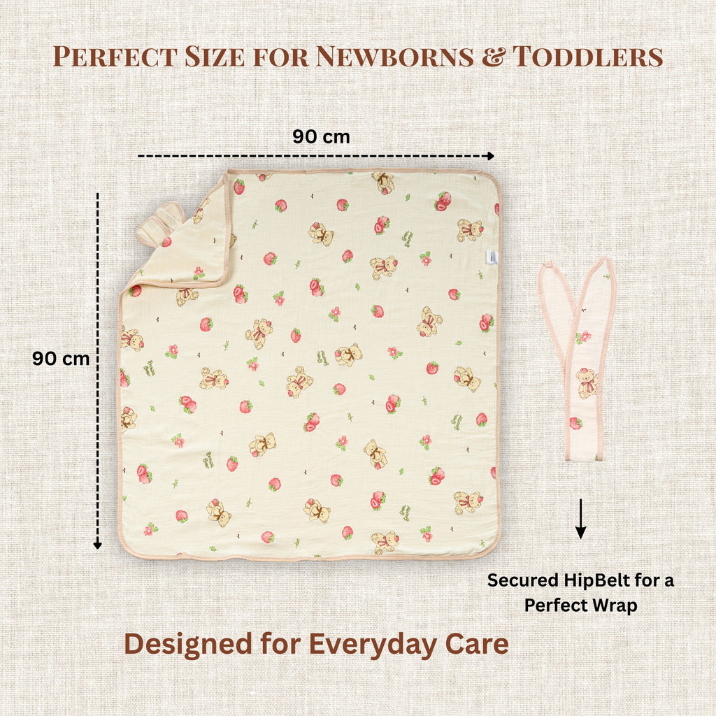 Berry Bear | 4-Layer Baby Hooded Towel (100% Cotton) | 90 × 90 cm
