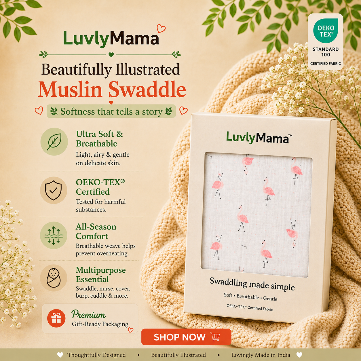 LuvlyMama Blush Flamingo 100% cotton Muslin Swaddle – 110× 120 cm