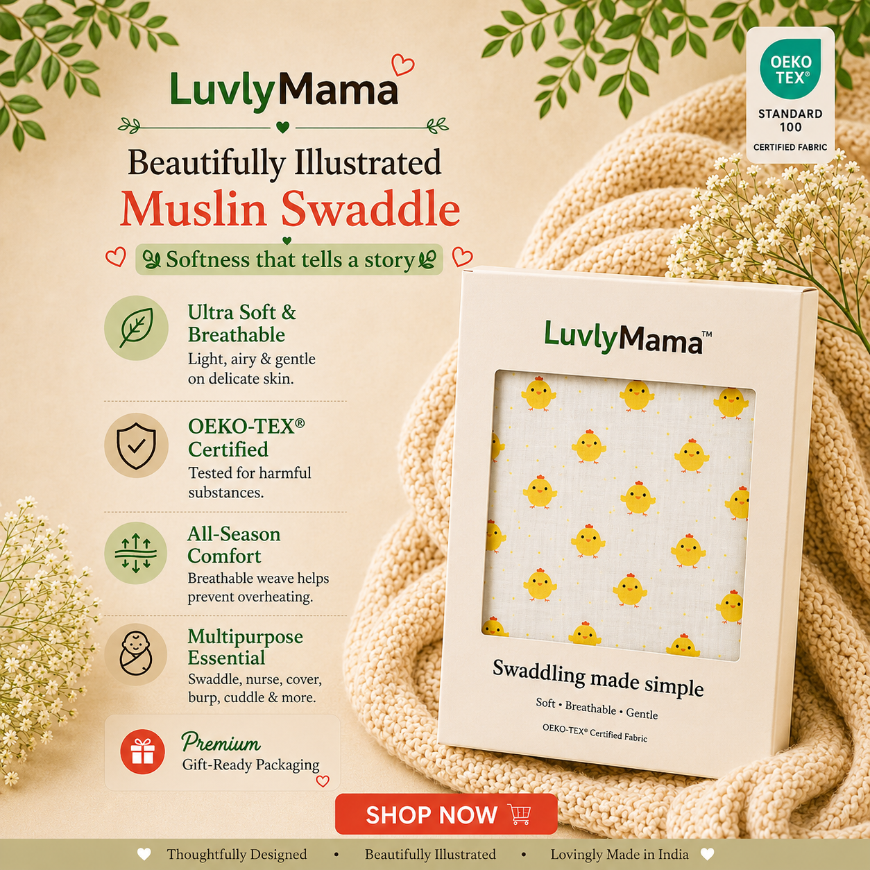 LuvlyMama Little Duckling 100% cotton Muslin Swaddle – 110 × 120 cm