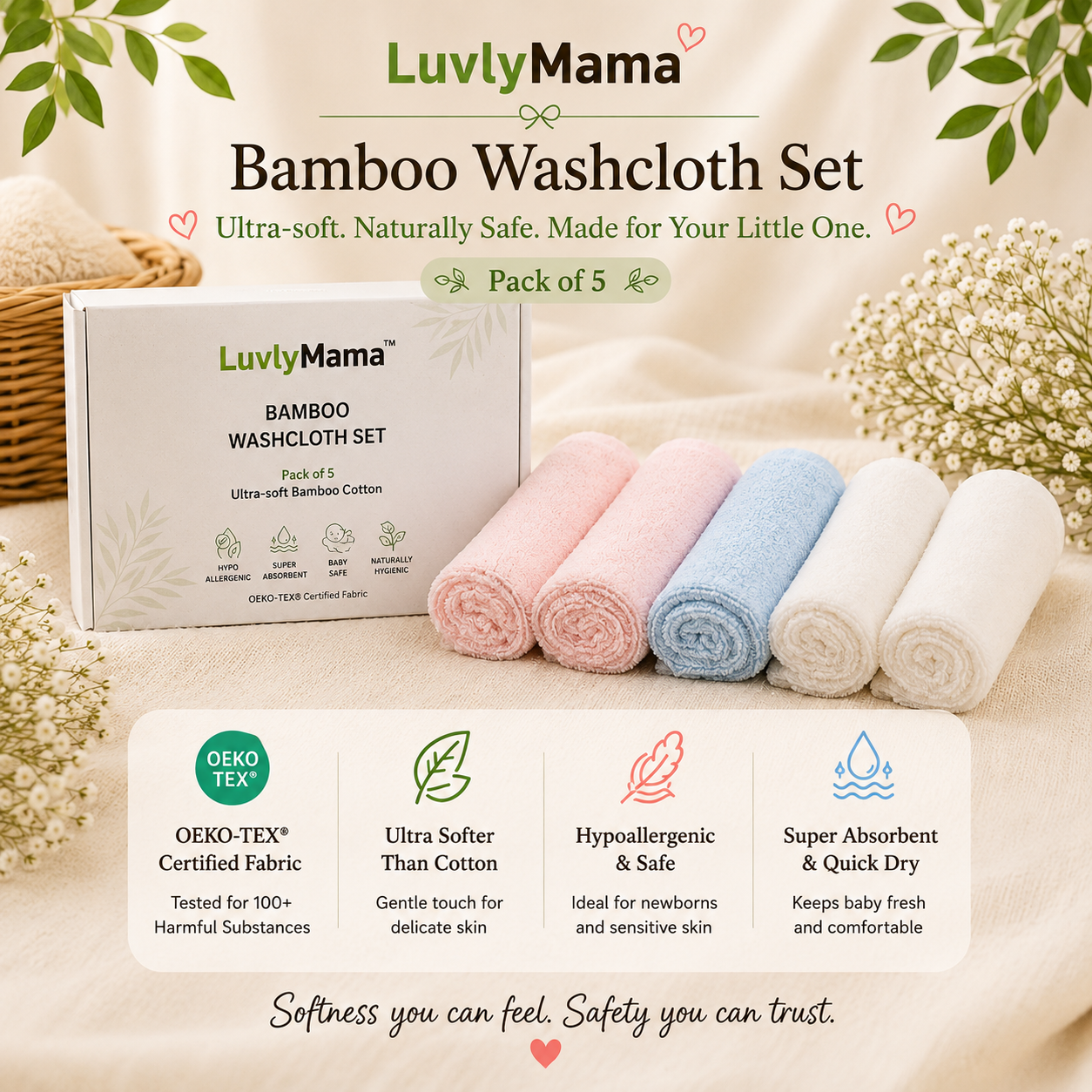 Ultra Soft Bamboo Wash cloth - Set of 5 (25 × 25 cm)