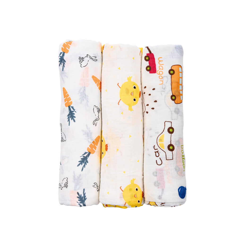 Cute Mix | Set of 3 Muslin Swaddles (100% Cotton) | 110 × 120 cm