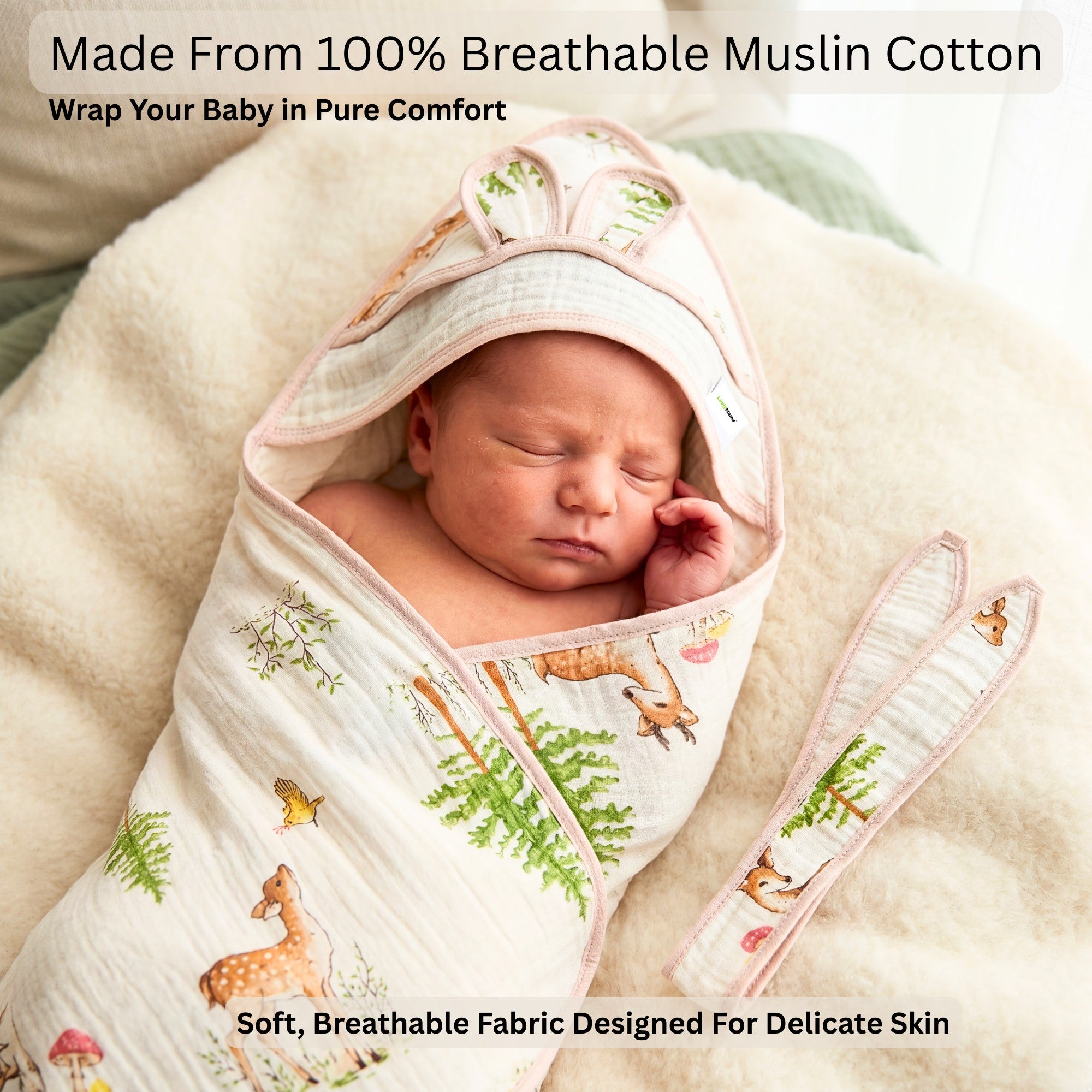 Little Fawn | 4 Layer Muslin Baby Hooded Towel (100% Cotton) | 90 × 90 cm