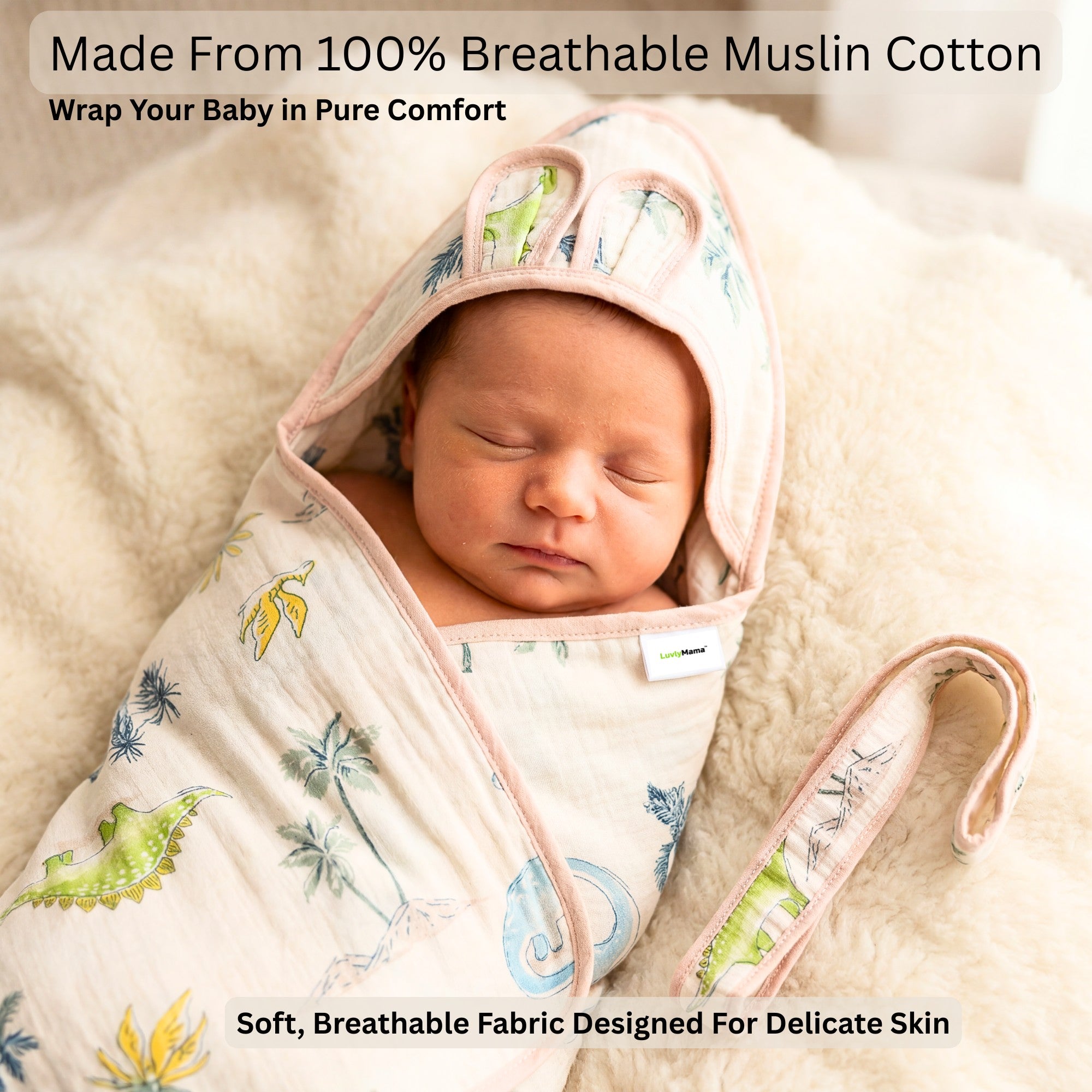 Tiny Roars | 4-Layer Muslin Baby Hooded Towel (100% Cotton) | 90 × 90 cm