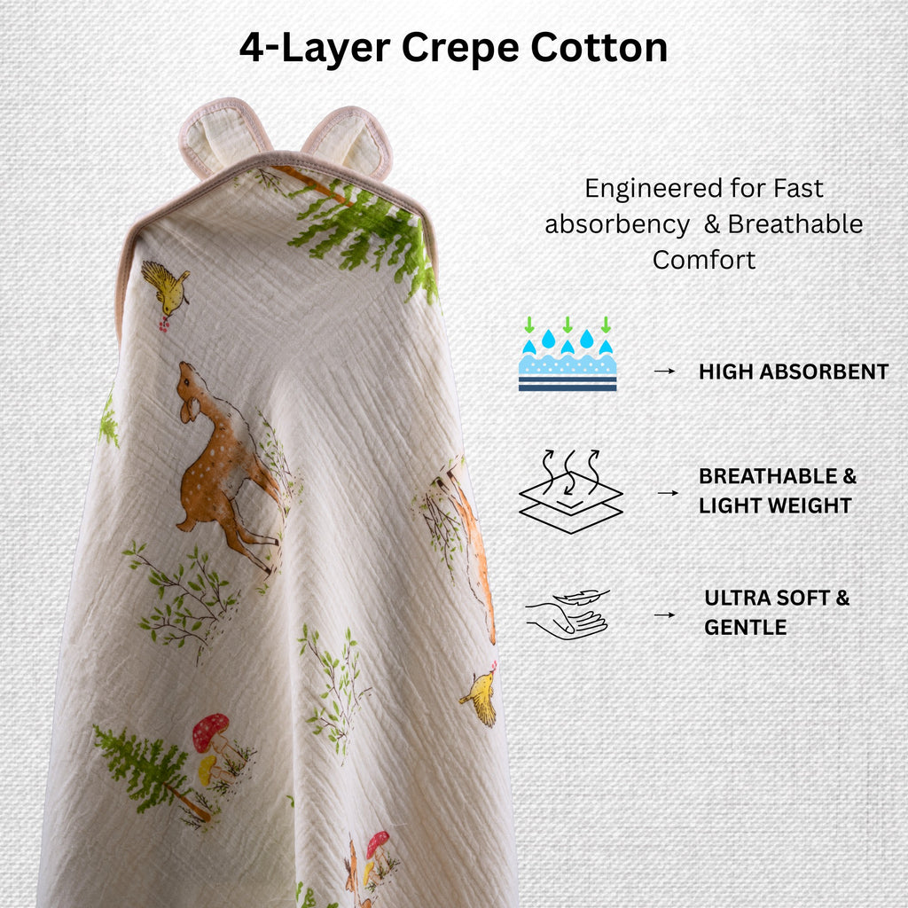 Little Fawn | 4 Layer Muslin Baby Hooded Towel (100% Cotton) | 90 × 90 cm